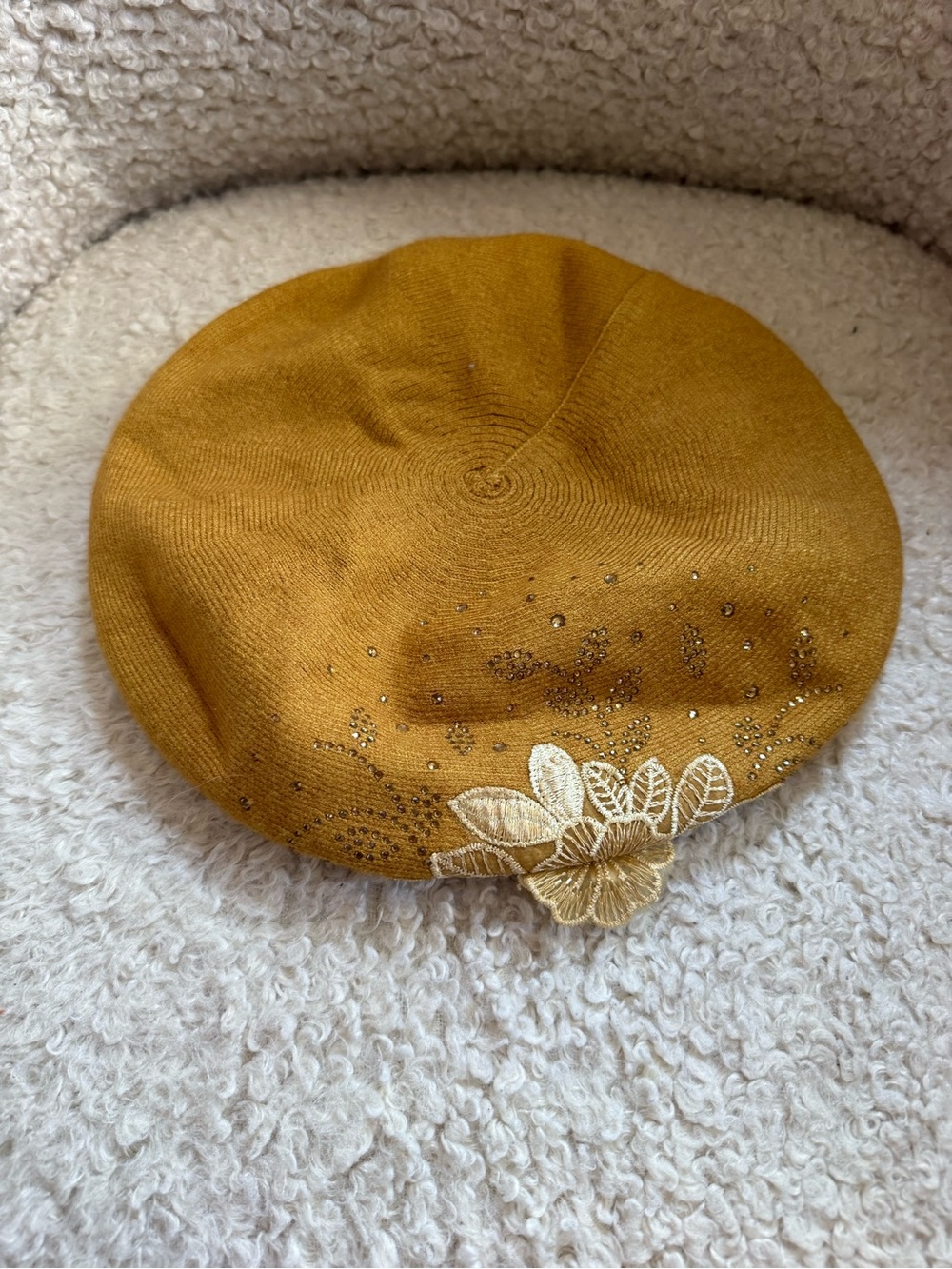 3/$20. Mustard Embellished Beret with Floral Accent